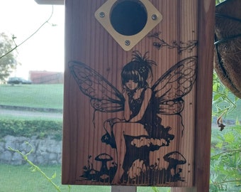 Birdhouse with fairies,bluebirdhouse, faith trust and pixie dust, bird box, aviary, garden art