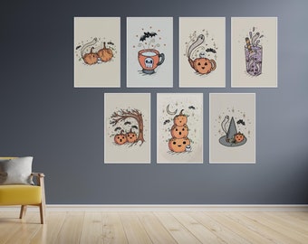 Cute Halloween Art Prints, Set of 7, Spooky Home Decor (Digital Download)