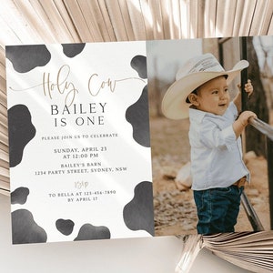 Cow Birthday Invitation, Editable Template, Holy Cow I&#39;m One, Minimalist Cow Party Invite, Any Age Cow Birthday Invitation, Digital Download