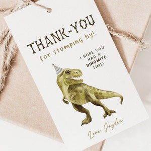 Dinosaur verjaardag dank u tag, bewerkbare sjabloon, T-rex B'day Party drie Rex gunsten tag, Dino Four Party label decor, Instant Download