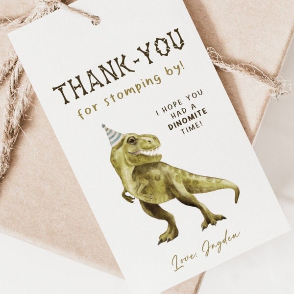Dinosaurier-Geburtstag-Dankeschön-Tag, bearbeitbare Vorlage, T-Rex B'day Party drei Rex Gefälligkeiten Tag, Dino Vier Party Label Dekor, Instant Download