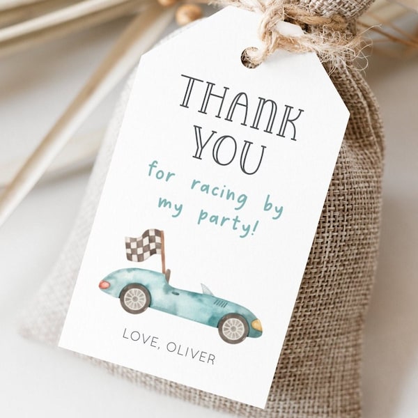 Race Car Thank You Label, Editable Template, Blue Vintage Car & Flag Printable Party Favor Tags, Two Fast Birthday Tag, DIGITAL DOWNLOAD C9