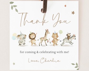 Safari Animals Thank You Tag, Editable Jungle Birthday Gift Label, Printable Party Animals Favor Tag, Wild One B'day Tag, Digital Download