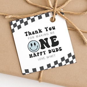 One Happy Dude Thank You Tag, Editable Template, Blue One Happy Dude Smile Face Favors, Checker Retro Boy 1st B'day Label, Digital Download
