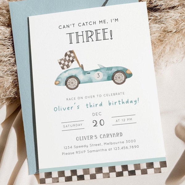 Racing 3e anniversaire Invitation, Invitation de fête d'anniversaire de voiture modifiable, Troisième fête d'anniversaire, Invitation de voiture de course vintage bleu garçon, Téléchargement numérique