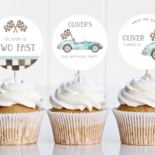 Growing Up TWO Fast Cupcake Toppers, Editable Boy Car 2nd Birthday Party Decor, Vintage Blue Racing Car Cupcake Toppers, Digital Download