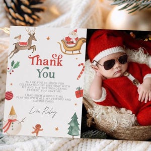 Świąteczna kartka urodzinowa z podziękowaniami, edytowalna, słodka kartka z podziękowaniami dla dzieci na imprezę świąteczną, wyjątkowa kartka urodzinowa z poto, do pobrania w wersji cyfrowej