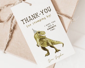 Dinosaur Birthday Thank You Tag, Editable Template, T-rex B'day Party Three Rex Favors Tag, Dino Four Party Label Decor, Instant Download