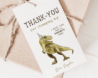 Étiquette de remerciement d'anniversaire de dinosaure, modèle modifiable, étiquette de faveurs de T-rex B'day Party trois Rex, décor d'étiquette de Dino Four Party, téléchargement immédiat