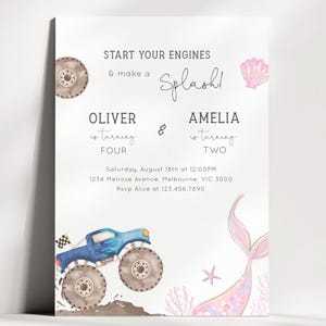 May include: A light-coloured invitation with the text "START YOUR ENGINES & make a Splash!". It features a blue monster truck, a mermaid tail, and the names Oliver and Amelia. The invitation includes event details.