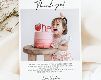 Minimalist Thank You Photo Note Card, Editable Modern Thank You Card with Photo, Simple B'day Thank You Template, Digital Download