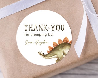 Editable Dinosaur Sticker, Stegosaurus Thank You Sticker Label, Dino Birthday Party Favors 3x3" Round Sticker Template, Digital Download