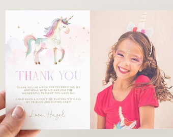 Unicorn Thank You Card With Photo, Editable Magical Unicorn Birthday Thank You Note, Girl Pastel Unicorn Party Thank You, Digital Download