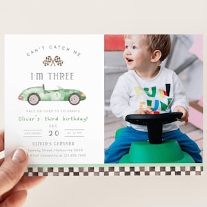 Can&#39;t Catch Me I&#39;m Three Photo Invitation, Editable Green Race Car Invite, Boy 3rd B&#39;day Vintage Green Racing Car Invite, Digital Download
