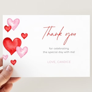 Carte de remerciement pour la Saint-Valentin, remerciement modifiable pour la douche nuptiale de la Saint-Valentin, note de remerciement pour la douche de bébé coeurs roses rouges, téléchargement numérique