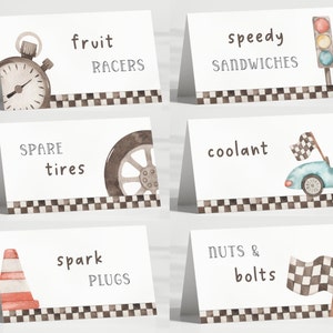 Raceautovoedseltenten, bewerkbaar opgroeien twee snelle blauwe vintage raceautofeest, afdrukbare autovoedseletiketten, snelle één verjaardag digitale download
