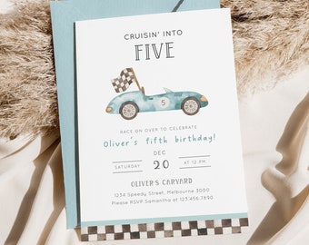 Race Car 5th Birthday Invitation, Editable Template, Vintage Blue Car Party Invitation, Blue Racing Car Birthday Invite, Digital Download