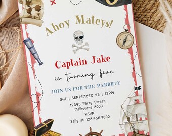 Editable Pirate Birthday Invitation, Ahoy Matey Pirate Ship Party, Treasure Map Pirate Captain B'day Boy Pirates Invite, Digital Download