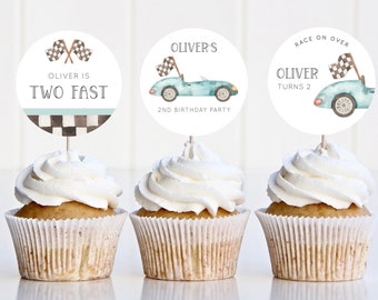 Growing Up TWO Fast Cupcake Toppers, Editable Boy Car 2nd Birthday Party Decor, Vintage Blue Racing Car Cupcake Toppers, Digital Download