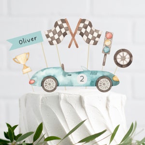 Bewerkbare Race Car Cake Toppers, Afdrukbare Blauwe Vintage Car Cake Topper, Twee snelle verjaardag, Fast One Car Party Decor, Digitale Download
