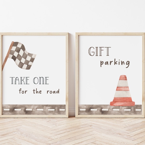 Take One For The Road + Gift Parking Signs, Race Car Birthday Favors & Gifts Sign, Racing Car B'day Party Table Decor, Digital Download