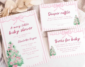 May include: Baby shower invitation set with a pink and white striped design. The invitation reads "A merry little baby shower" with event details. Includes a diaper raffle and books for baby cards.