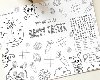 Página para colorear y actividades de Pascua editables, mantel individual para fiesta de búsqueda de huevos de Pascua para niños, juego imprimible de saltar sobre el conejo de Pascua, descarga digital