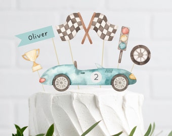 Editable Race Car Cake Toppers, Printable Blue Vintage Car Cake Topper, Two Fast Birthday, Fast One Car Party Decor, Digital Download