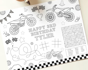Editable Dirt Bike Activity & Coloring Page, Racing Drit Bikes Birthday Party Placemat, Printable Kids B'day Table Mat, Digital Download