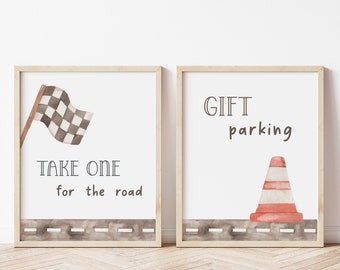 Take One For The Road + Gift Parking Signs, Race Car Birthday Favors & Gifts Sign, Racing Car B&#39;day Party Table Decor, Digital Download