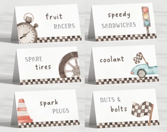 Tiendas de campaña de comida para coches de carreras, editable creciendo dos fiestas de coches de carreras vintage azules rápidos, etiquetas de comida para coches imprimibles, descarga digital rápida de un cumpleaños