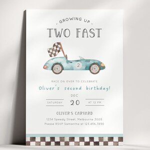 May include: A blue and white race car birthday invitation with the text "Growing Up Two Fast" and "Oliver's second birthday!" The invitation includes the date "Dec 20" and the time "At 12 PM".