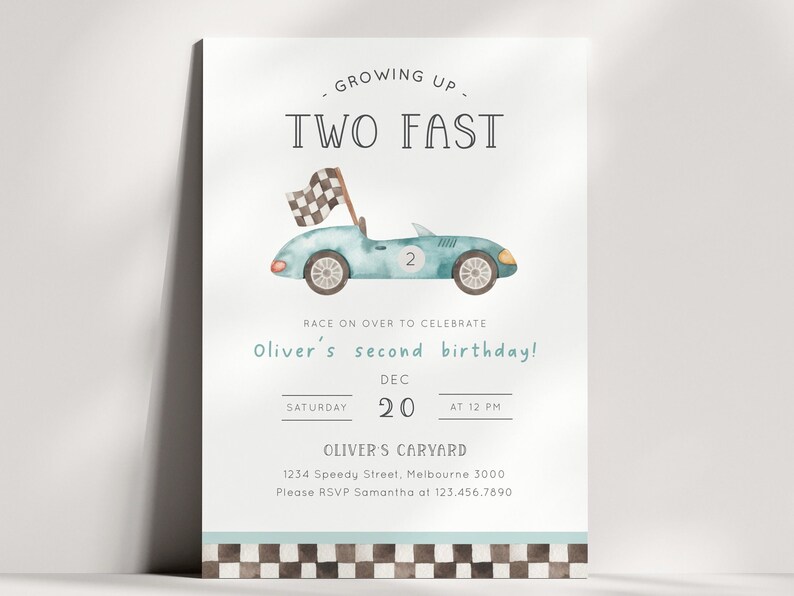 May include: A blue and white race car birthday invitation with the text "Growing Up Two Fast" and "Oliver's second birthday!" The invitation includes the date "Dec 20" and the time "At 12 PM".