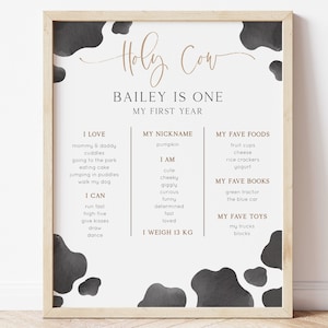 Holy Cow I&#39;m One Milestone Poster, modello modificabile, segno di pietra miliare del compleanno della mucca neutrale al genere, arredamento del segno del partito Boho Cow, download digitale