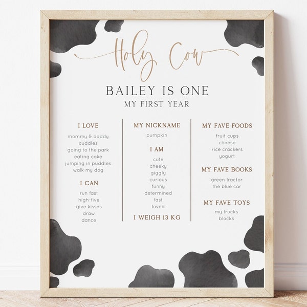 Holy Cow I'm One Milestone Poster, Editable Template, Gender Neutral Cow B'day Milestone Sign, Boho Cow Party Sign Decor, Digital Download