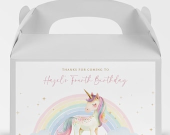 May include: White party favor box with a handle, featuring a watercolor illustration of a unicorn, rainbow, and clouds. The text reads "Thanks for coming to Hazel's Fourth Birthday."