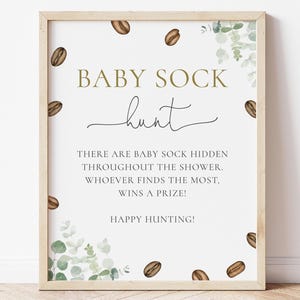 Coffee Baby Sock Hunt Game Sign, Editable Greenery Coffee Baby Shower, Coffee Beans Shower Game, Baby Is Brewing Party, Digital Download