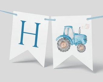 Blue Tractor Birthday Banner, Editable Tractor B'day Party Decor, Farm Blue Tractor Garland, Printable Tractor Decor, Digital Download