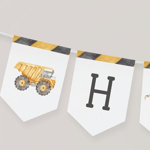 Banner di buon compleanno per la costruzione, banner di ghirlanda di compleanno per camion da costruzione modificabili, decorazione per cartelloni per feste di costruzione, download digitale