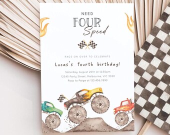 Need Four Speed Monster Truck Birthday Invitation, Editable Racing Monster Truck 4th B'day Invite, Boy Need 4 Speed Party, Digital Download