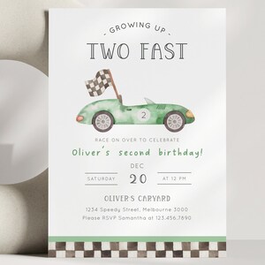 Two Fast Birthday Invitation, Editable Template, 2nd Birthday Race Car Invite, Green Racing Car Second Birthday Party, Digital Download