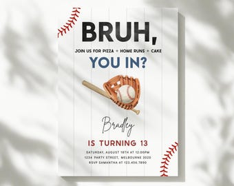 Baseball Birthday Party Invitation, Editable Bruh B'day Sports Invite, Teen Boy Baseball Kids Birthday Theme Invitation, Digital Download