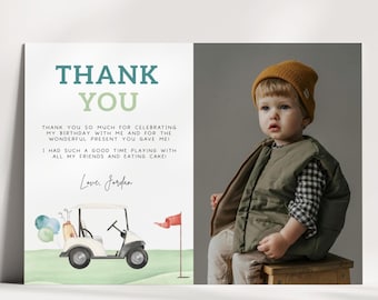 Golf Thank You Card With Photo, Editable Golf Birthday Thank You Note, Hole In One Party Thank You, Golf B'day Party Card, Digital Download