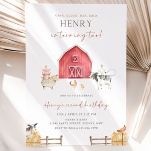 Editable Farm 2nd Birthday Party Invitation, Red Barn B&#39;day Party Invite, Red Barnyard Animals Barn Yard Second Birthday, Digital Download