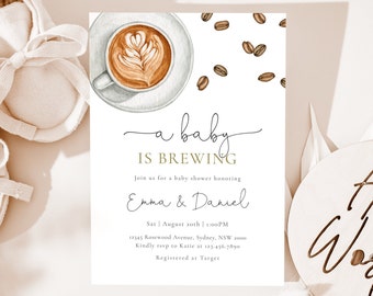 Coffee Themed Baby Shower Invitation, Editable Template, A Baby Is Brewing Coffee Baby Shower Party, Gender Neutral Invite, Digital Download