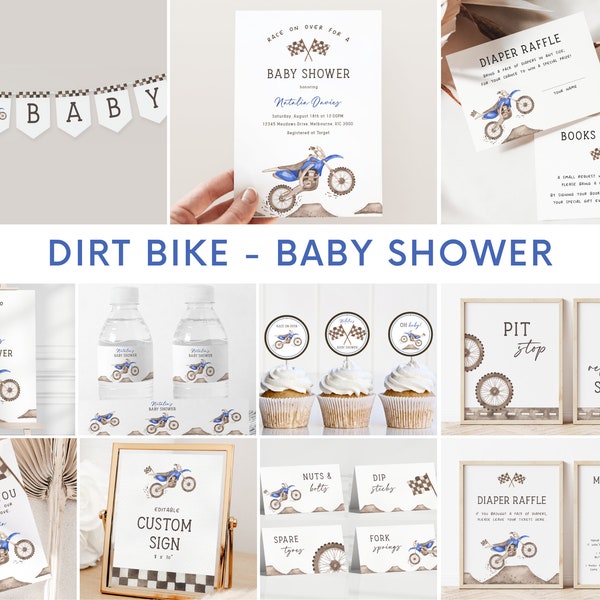 Dirt Bike Baby Shower Invitation Bundle, Editable Template, Blue Dirt Bike Shower Invite & Decoration Package, Oh Baby Boy, Digital Download