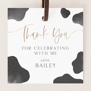 Cow Party Favors Tag, Editable Template, Boho Cow Birthday Thank You Tag, Gender Neutral Cow Print Thank You Gift Tag, Digital Download