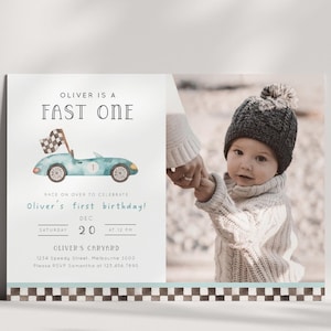 Fast ONE Birthday Invitation with Photo, Editable Racing 1st Bday Party, Boy Fast One Blue Race Car Birthday Invitation, Digital Download