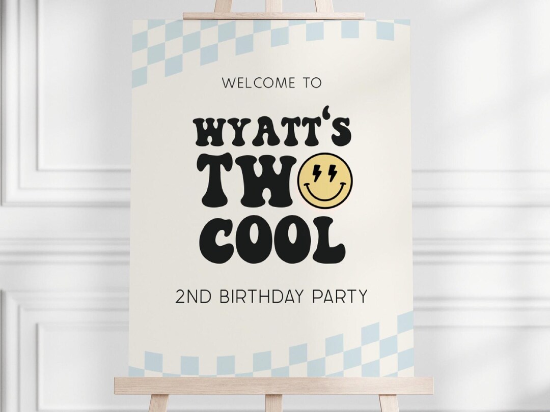Two Cool Birthday Welcome Sign, Editable Boy 2st B'day Party, Blue ...