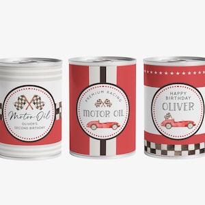 Red Race Car Motor Oil Can Wrapper, Editable Racing Car Motor Oil Tin Can Decor Label, Two Fast B&#39;day Party Cans Decor, Digital Download